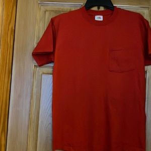 Men’s red short tee, 27” long, 19” pit to pit